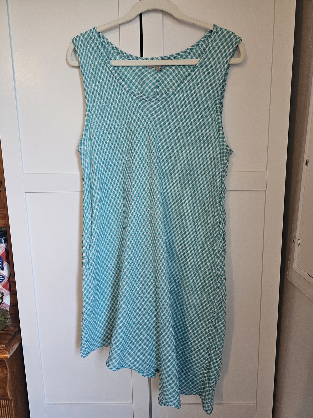 FLAX Linen Sleeveless Asymmetrical Tunic Dress - Jade Green Gingham Size 1G